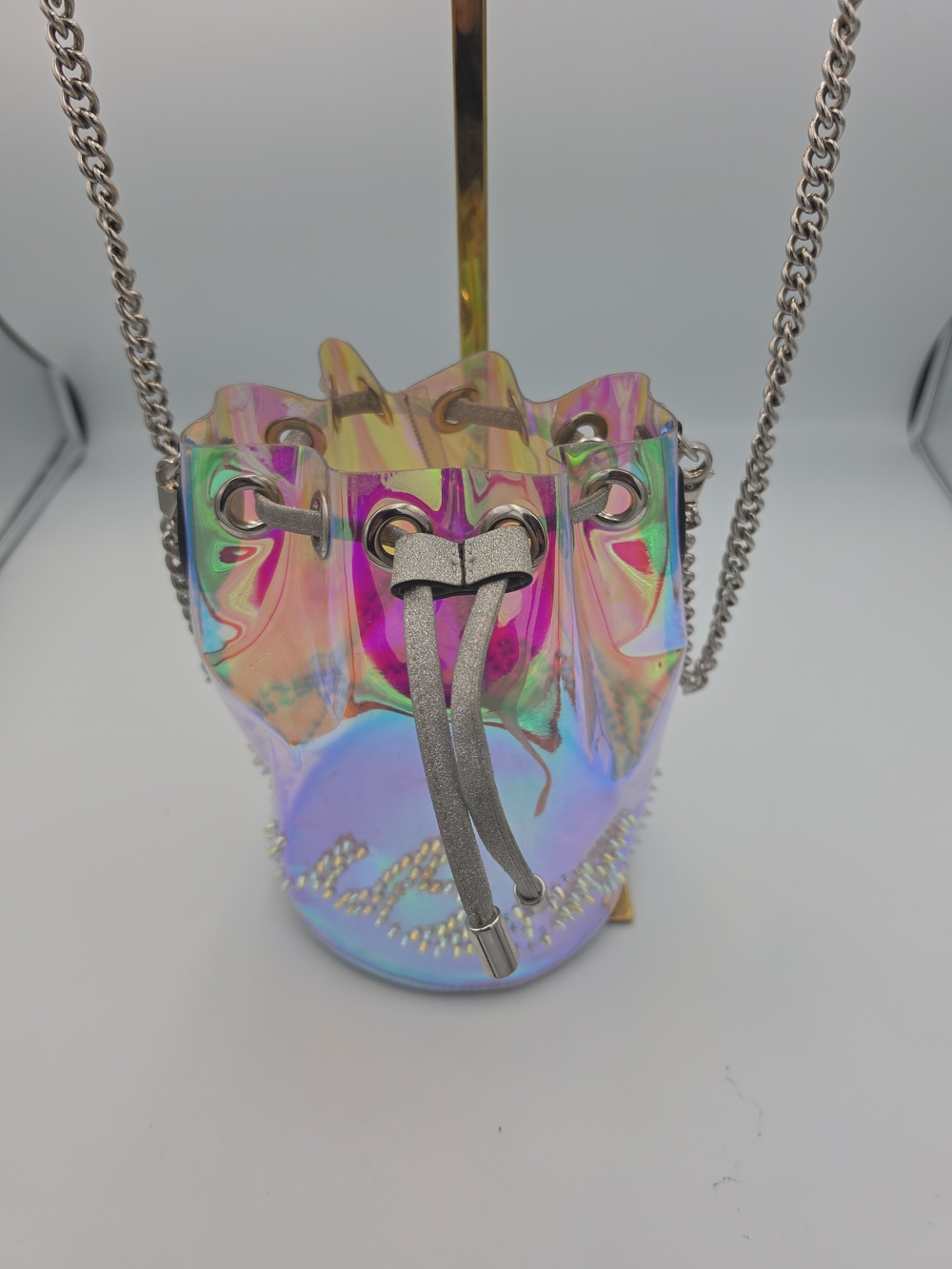 Christian Louboutin Irredesent W Silver Small Chain Bucket Crossbody (FAIR)COA🩶 - Picture 2 of 16